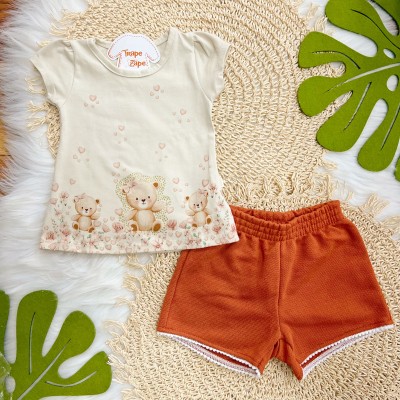  Conj. Blusa Ursinhas Fofas e Short - Areia e Ferrugem